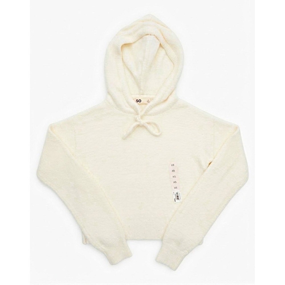 SO Women's Ivory Solid Knit Pullover Hoodie Drawstring Long Sleeve Size XS